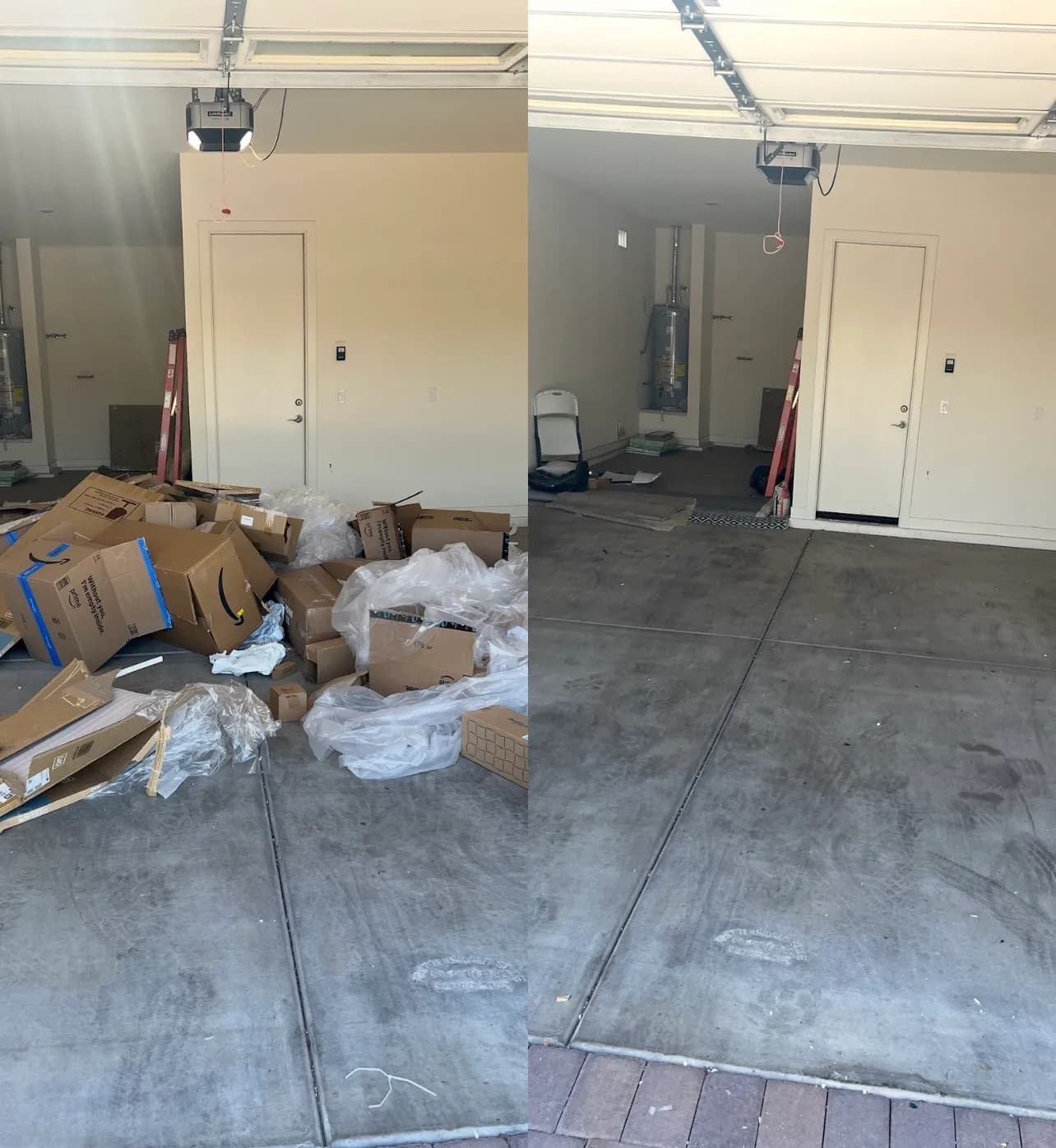 Before and after of a Phoenix garage cleanout — cluttered with boxes, then fully cleared by Canyon Haul Co.