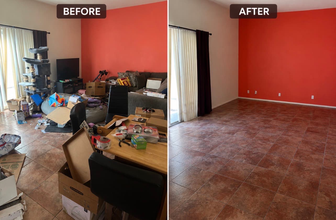 Before and after of a Phoenix-area estate cleanout living room — packed with old furniture, boxes, and clutter on the left, completely cleared and empty on the right by Canyon Haul Co.